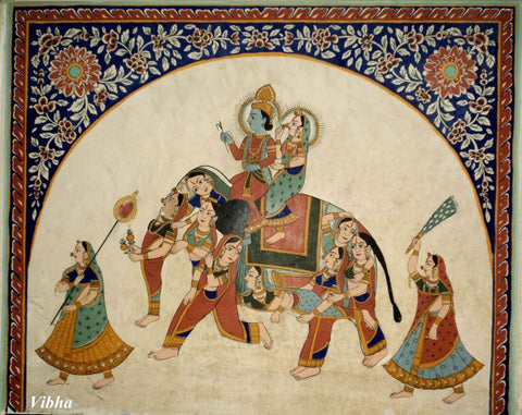 Krishna With Radha On A Fair - Rajasthan School - Vintage Indian Miniature Art Painting - Art Prints