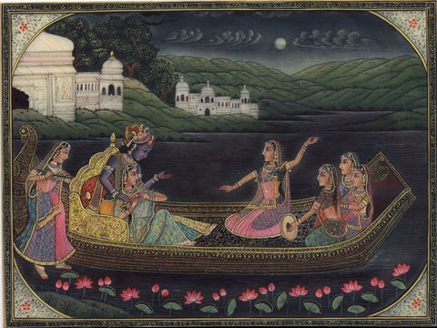 Radha and Krishna in the Boat of Love - Kishangarh School ca. 1875 - Vintage Indian Miniature Art Painting by Krishna Artworks