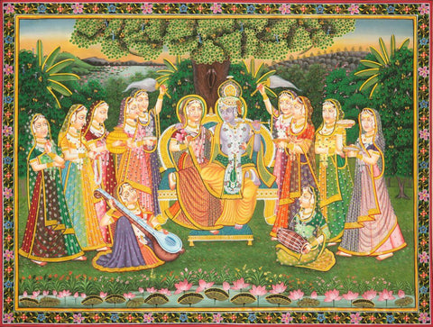 Radha Krishna with the Gopis - Pahari School - Vintage Indian Miniature Art Painting - Art Prints