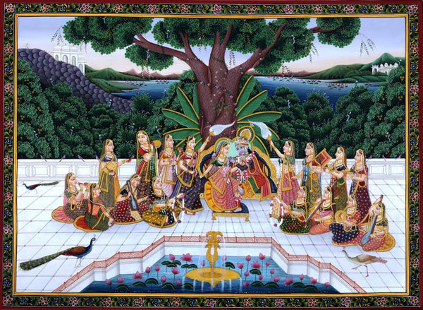 Radha Krishna In The Garden With Gopis - Indian Miniature Art Painting - Framed Prints