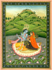 Radha Krishna On Lotus Boat - Pahari School - Vintage Indian Miniature Art Painting - Art Prints