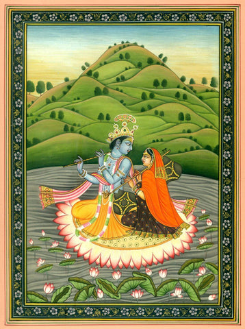 Radha Krishna On Lotus Boat - Pahari School - Vintage Indian Miniature Art Painting - Canvas Prints