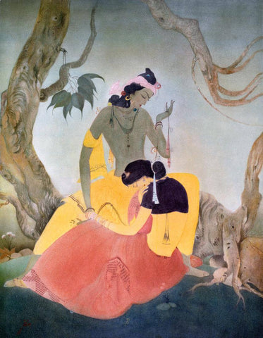 Radha Krishnas Bond Of Love- Abdur Rahman Chughtai - Indian Art Painting - Large Art Prints by Tallenge