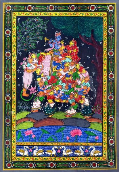 Radha Krishna on Elephant Made of Lady Figures (Nari Kunjar) - Madhubani Painting - Canvas Prints