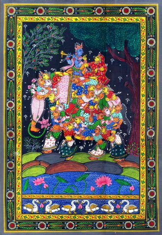 Radha Krishna on Elephant Made of Lady Figures (Nari Kunjar) - Madhubani Painting - Life Size Posters