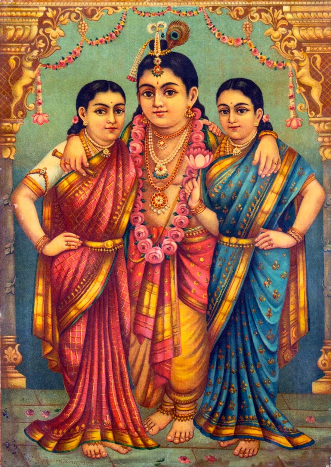 Krishna Rupimini Radha Rukmini Krishna - C G Ramanujam - Ravi Varma Press Oleograph ...