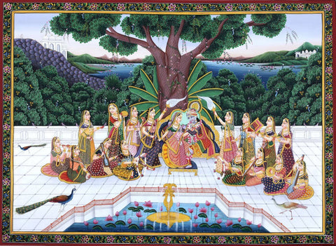 Radha Krishna In The Garden With Gopis - Indian Miniature Painting - Large Art Prints