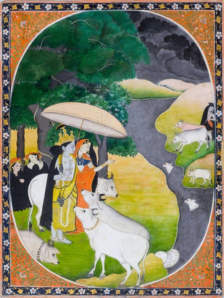 Radha Krishna In Rainy Season - Kangra Painting School - Posters