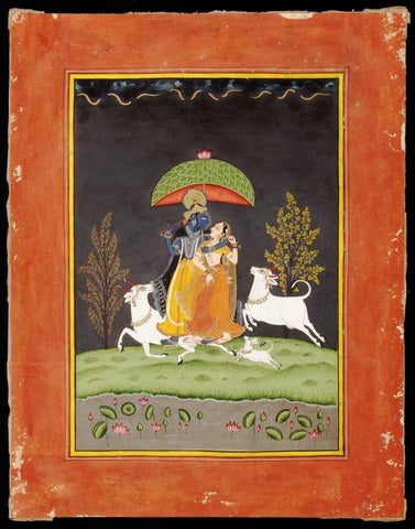 Radha and Krishna Under A Parasol - Bundi School - Framed Prints