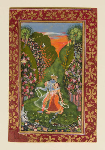 Radha And Krishna In A Flower Grove - Kotah Rajasthan School 18th Century - Vintage Indian Miniature Art Painting - Life Size Posters by Miniature Art