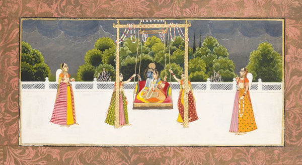 Radha And Krishna On A Swing On A Terrace During A Storm - Bikaner 19th Century - Vintage Indian Miniature Art Painting - Large Art Prints