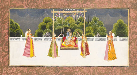 Radha And Krishna On A Swing On A Terrace During A Storm -  Bikaner 19th Century - Vintage Indian Miniature Art Painting - Canvas Prints by Miniature Art