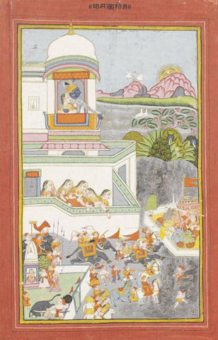 Radha And Krishna Watching A Battle Scene - Bundi C1760 - Vintage Indian Miniature Art Painting - Large Art Prints