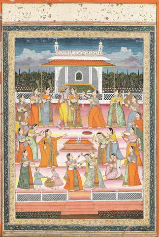 Radha And Krishna Celebrating The Holi Festival - Lucknow 18th Century - Vintage Indian Miniature Art Painting - Framed Prints