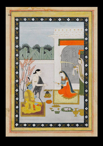 Radha offering Pan to Krishna and Balarama - Guler School c1820 - Indian Miniature Painting by Krishna Artworks