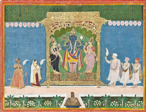 Raja Soma Bhopal Rao Ii Of Gadwal Worshiping Venkateshvara - Mid 19Th Century -Vintage Indian Miniature Art Painting - Posters by Miniature Vintage
