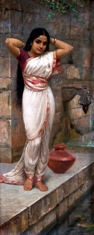 Lady adjusting hair after bath - Posters by Raja Ravi Varma