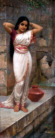 Lady adjusting hair after bath by Raja Ravi Varma