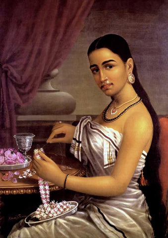 Lady Making A Garland - Raja Ravi Varma - Canvas Prints