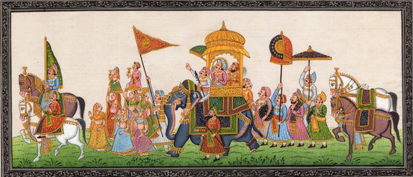 Rajasthan Maharajah Procession Art Handmade Indian Royal Ethnic Folk Painting - Vintage Indian Miniature Art Painting - Canvas Prints