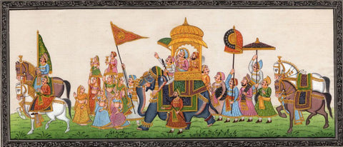 Rajasthan Maharajah Procession Art Handmade Indian Royal Ethnic Folk Painting - Vintage Indian Miniature Art Painting by Miniature Vintage