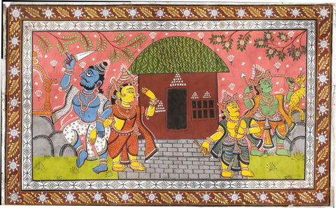 Rajasthani Painting - Ravan Abducts Sita While Ram And Lakshman Go After The Golden Deer - Art Prints