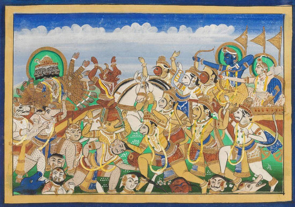 Ram And Lakhshman And The Monkey Army In Battle With The Forces Of Ravana - Jaipur School 19th Century - Indian Vintage Ramayan Painting - Art Prints
