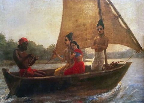 Ram Sita And Lakshman Crossing The Ganga River - Raja Ravi Varma - Vintage Indian Ramayan Painting by Raja Ravi Varma