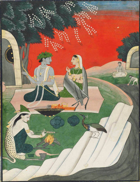 Rama And Sita In Their Forest Abode - C.1800 -  Vintage Indian Miniature Art Painting - Framed Prints