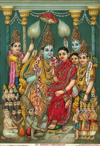 Rama Pattabhishekam - C G Ramanujam - Ravi Varma Press Oleograph Print - Ramayan Painting - Framed Prints