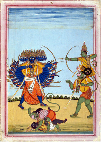 Rama And Hanuman Fighting Ravana c1820 - Thanjavur Style - Vintage Indian Miniature Ramayan Painting by Kritanta Vala