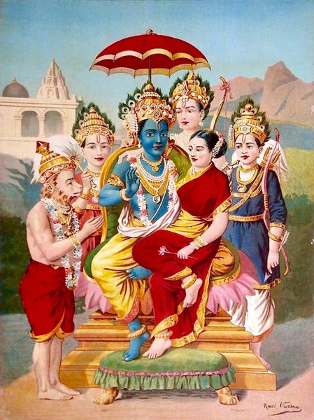 Ramapanchayan - Raghupati Ram Laxman Sita and Hanuman - Raja Ravi Varma Press Vintage Printed Lithograph Poster - Art Prints