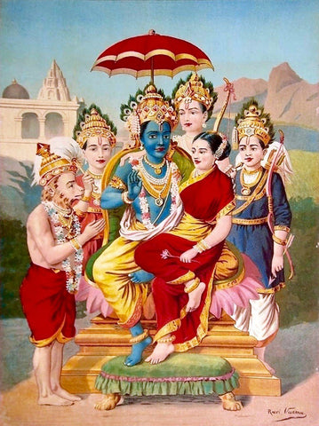 Ramapanchayan - Raghupati Ram Laxman Sita and Hanuman - Raja Ravi Varma Press Vintage Printed Lithograph Poster - Art Prints