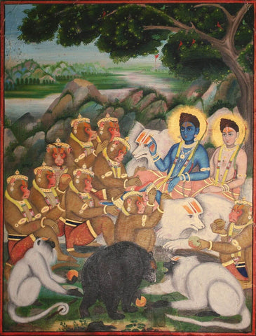 Ramayana Exiled In The Forest, Rama And Lakshmana Instruct Their Army Of Animals. Jaipur, circa 1880 - Indian Miniature Painting From Ramayan - Vintage Indian Art - Life Size Posters by Kritanta Vala