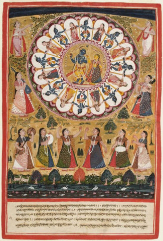 Rasalila (Krishna Dances with the Cowherdesses) - Vintage Indian Miniature Art Painting - Canvas Prints