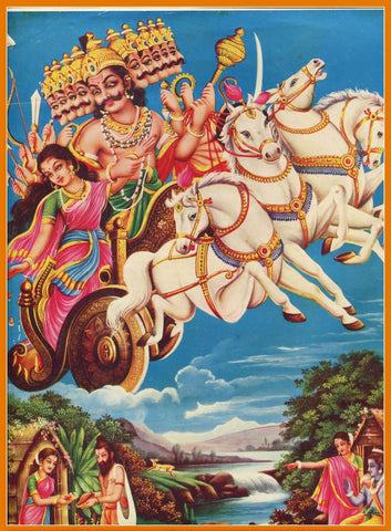 Ravan Kidnaps Sita - Ramayan - Vintage Indian Calendar Art - Large Art Prints by Kritanta Vala