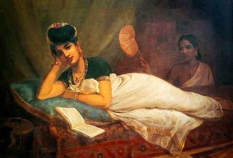 Reclining Nair Lady - Raja Ravi Varma - Indian Art Masterpiece Painting - Framed Prints