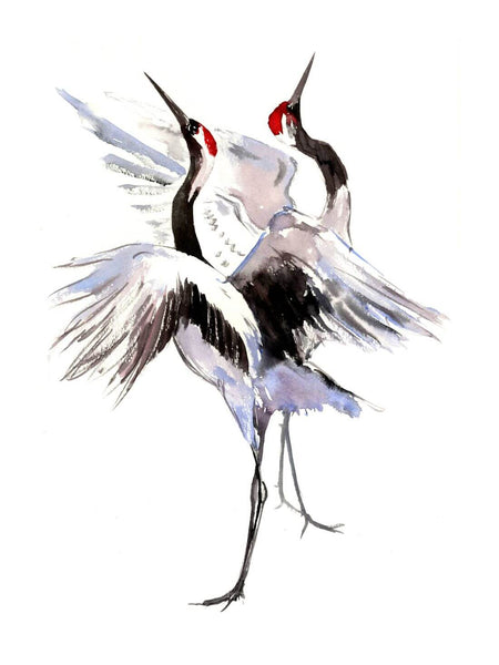 Red Crowned Twin Cranes - Symbol Of Love and Loyalty - Japanese Watercolor Painting - Art Prints