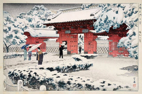 Red Gate at Hongo in Snow - Kasamatsu Shiro - Japanese Woodblock Ukiyo-e Art Print by Kasamatsu Shiro