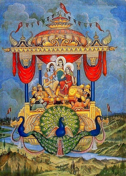Return Of Lord Ram - Pushpak Vimaan - Ramayan Indian Painting - Art Prints