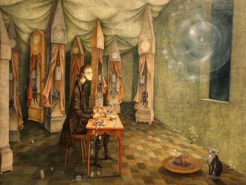 Revelation of The Watchmaker (Revelación o El relojero) - Remedios Varo - Surrealist Painting by Remedios Varo