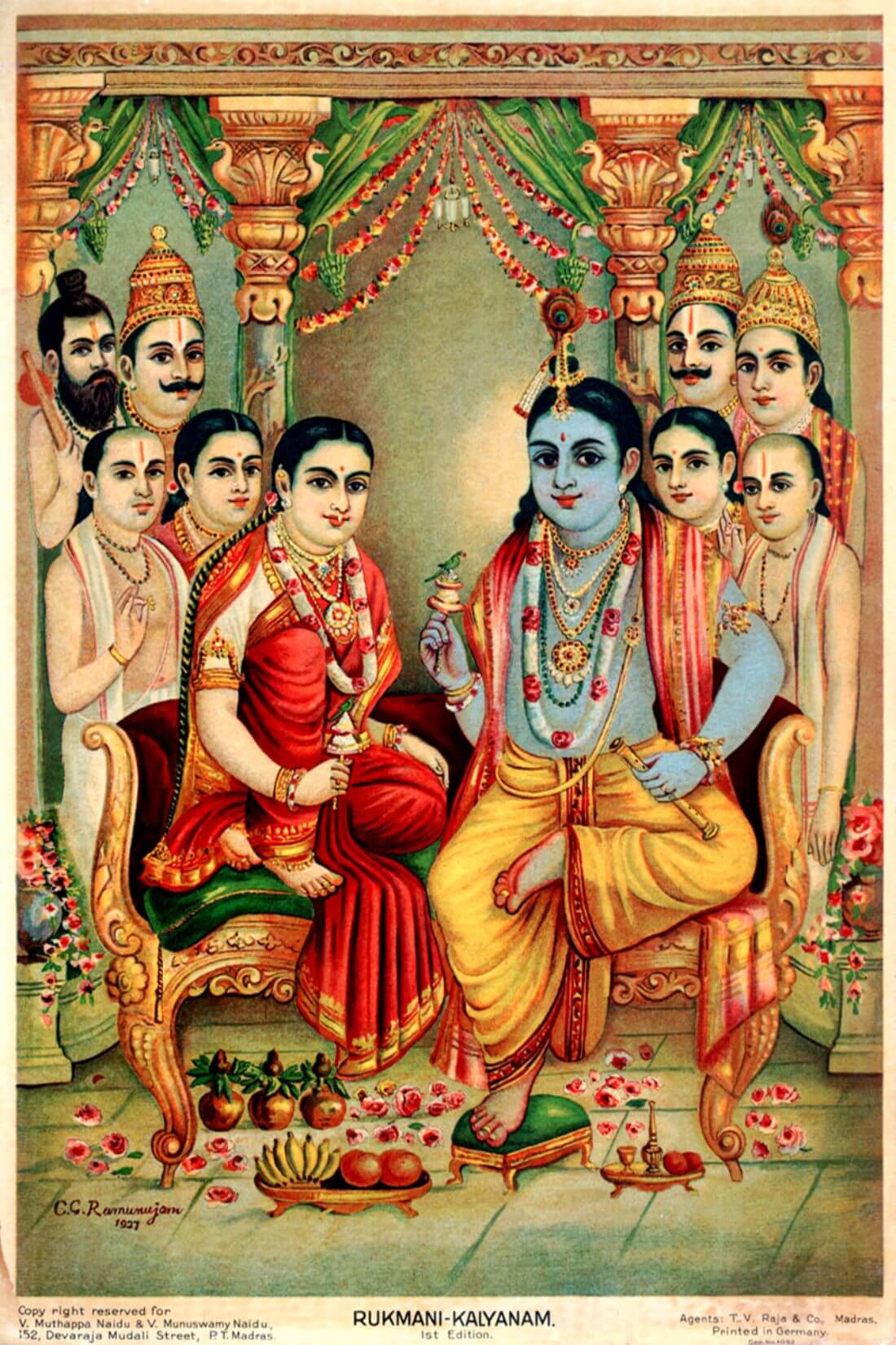 Rukmani Kalyanam - C G Ramanujam - Ravi Varma Press Oleograph Print - Indian Krishna Painting by Raja Ravi Varma | Buy Posters, Frames, Canvas & Digital Art Prints | Small, Compact, Medium and Large Variants