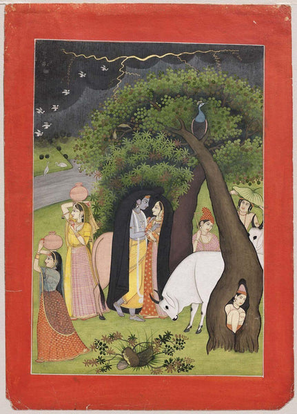 Radha and Krishna with Gopis under the Shelter - Pahari School - c1842 Vintage Indian Miniature Painting - Framed Prints