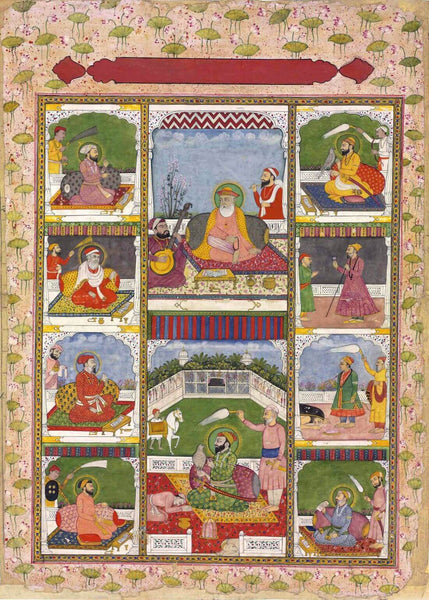 Sikh Gurus - Delhi School C.1820 - Vintage Indian Sikhism Art Painting - Framed Prints