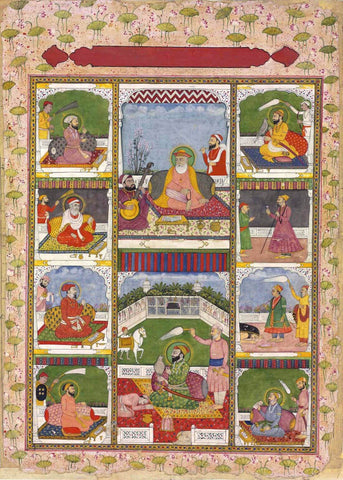 Sikh Gurus - Delhi School C.1820 - Vintage Indian Sikhism Art Painting - Framed Prints by Akal