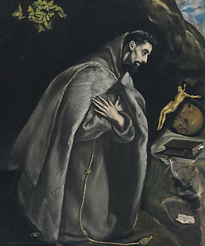 Saint Francis Kneeling in Meditation (? ????? F?a???s??? G??at?st?? st? ??a????sµ?) – Doménikos Theotokópoulos – Christian Art Painting - Canvas Prints