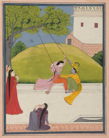 Samyoga - Krishna And Radha On A Swing - Guler School c1820 - Vintage Indian Miniature Art Painting by Krishna Artworks