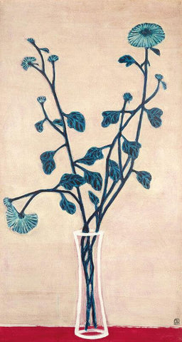 Blue Chrysanthemums In A Glass Vase - Large Art Prints by Sanyu