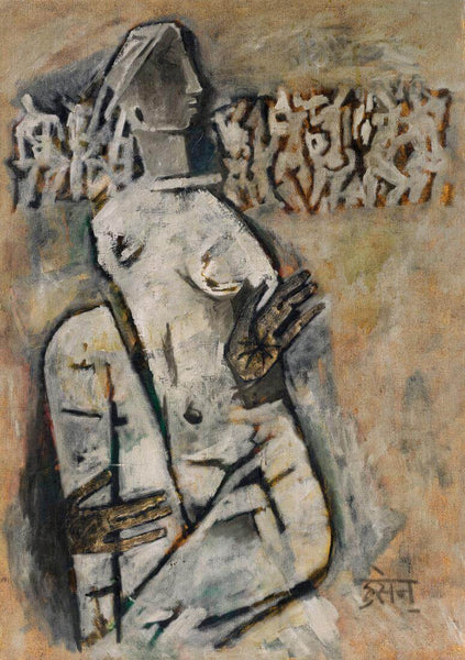Seated Woman - M F Husain Painting - Large Art Prints