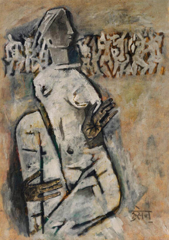Seated Woman - M F Husain Painting - Canvas Prints